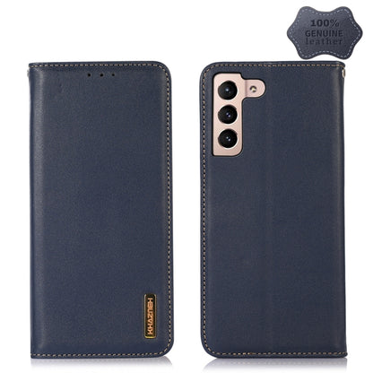 Blue leather phone case with stitched edges and dual camera cutout on back.