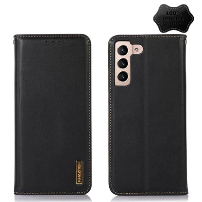 Black nappa leather phone case with triple camera cutouts and side opening