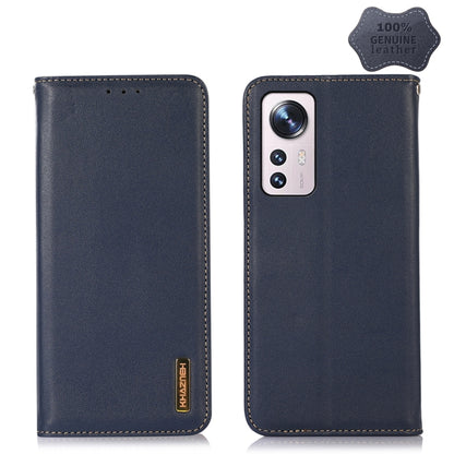 Genuine leather wallet-style phone case, dark blue, with dual camera cutout