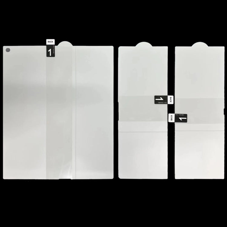 Full-screen hydrogel protector films, three-piece set shown stacked for foldable phone