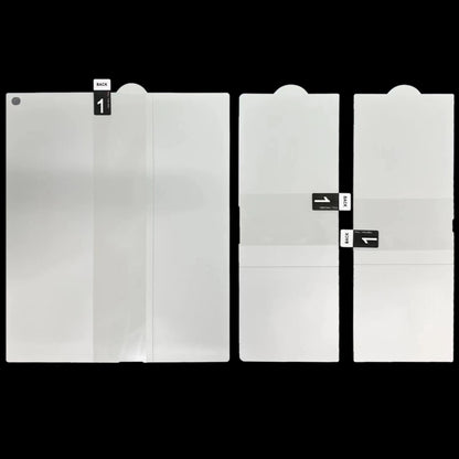 Full-screen hydrogel protector films, three-piece set shown stacked for foldable phone