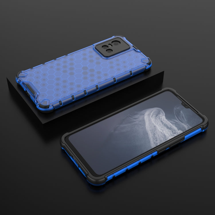 Blue honeycomb protective phone case, dual-layer bumper with raised camera opening