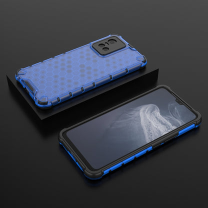Blue honeycomb protective phone case, dual-layer bumper with raised camera opening