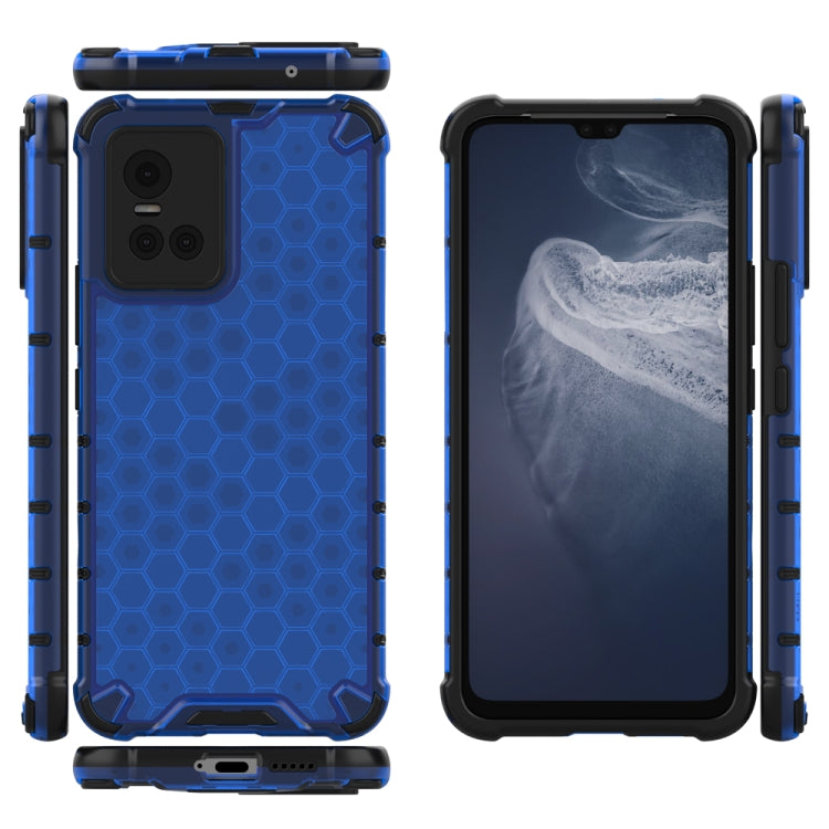 Blue shockproof honeycomb phone case showing front, back, and side buttons