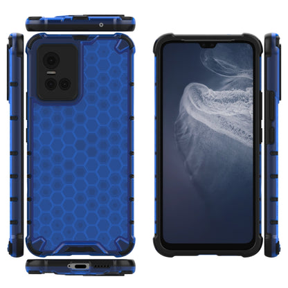 Blue shockproof honeycomb phone case showing front, back, and side buttons