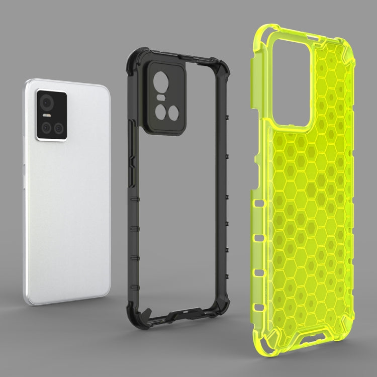 Honeycomb protective phone case in white, black, and neon green with camera openings
