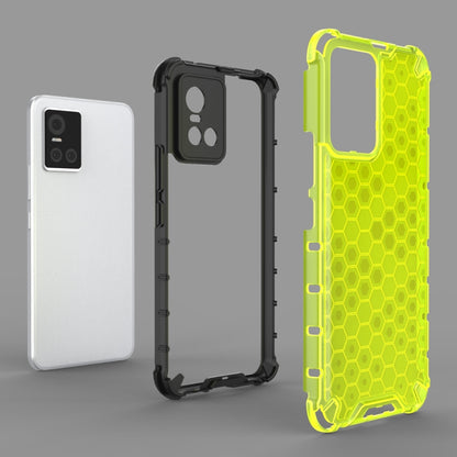 Honeycomb protective phone case in white, black, and neon green with camera openings