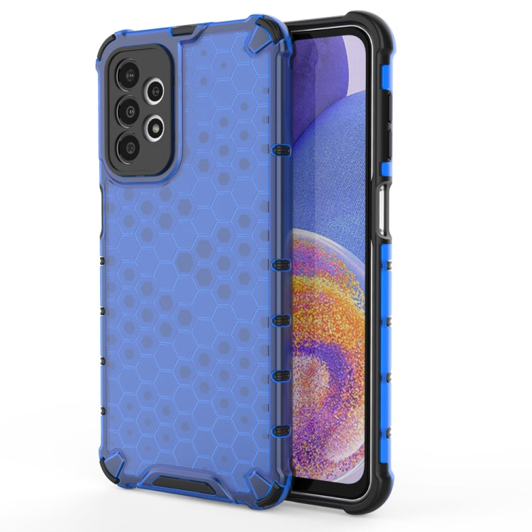 Shockproof honeycomb protective phone case in blue with raised TPU corner protection