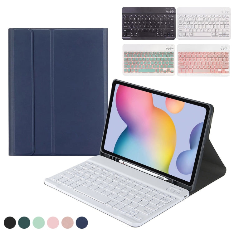 Blue leather tablet case with removable Bluetooth keyboard, includes pen tray