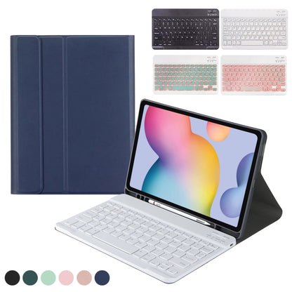 Blue leather tablet case with removable Bluetooth keyboard, includes pen tray
