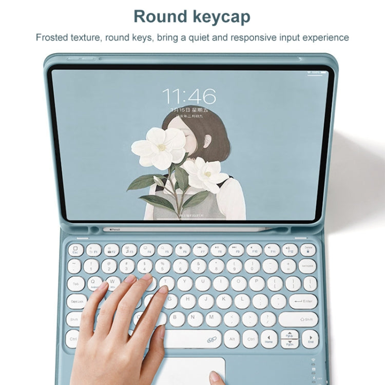 Blue Bluetooth keyboard case with round keycaps and tablet stand