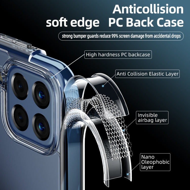 Transparent phone case featuring soft-edge PC back and raised camera rim