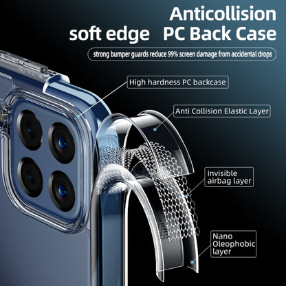 Transparent phone case featuring soft-edge PC back and raised camera rim