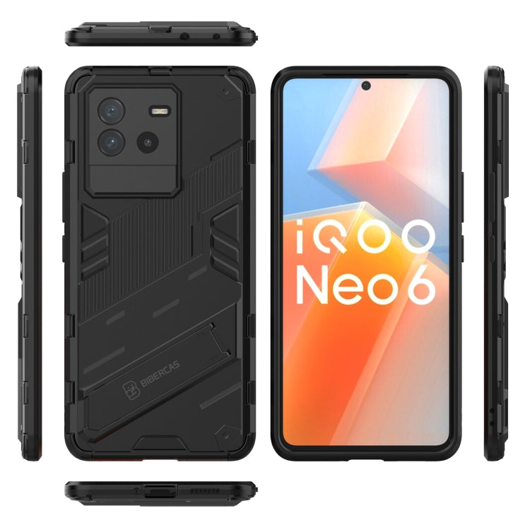 Black rugged phone case with holder shown front, back, and side views for vivo iQOO Neo6 5G