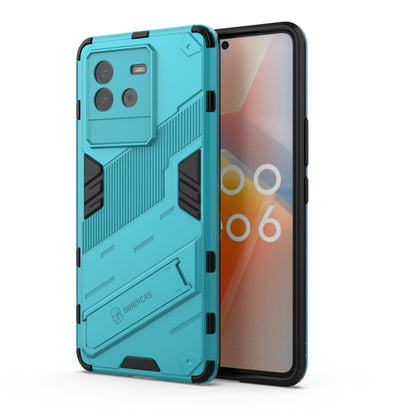 Teal rugged phone case with armor pattern and camera cutouts for iQOO Neo6