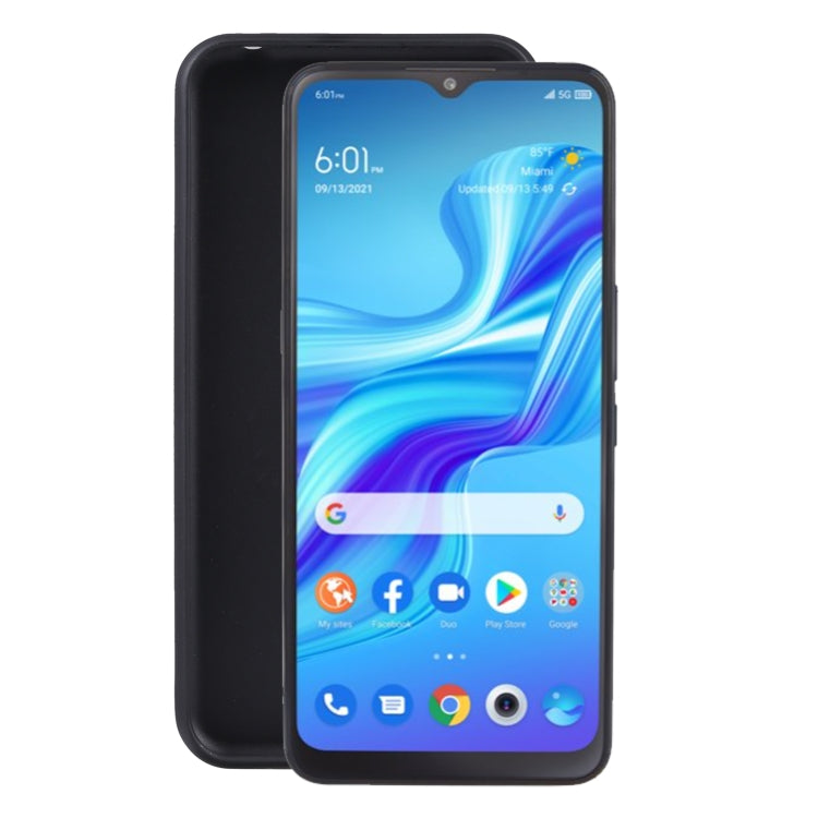 Black TPU phone case with raised edges, fitted over a smartphone front display