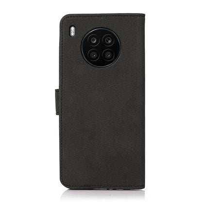 Black leather phone case with cutouts and camera opening on back
