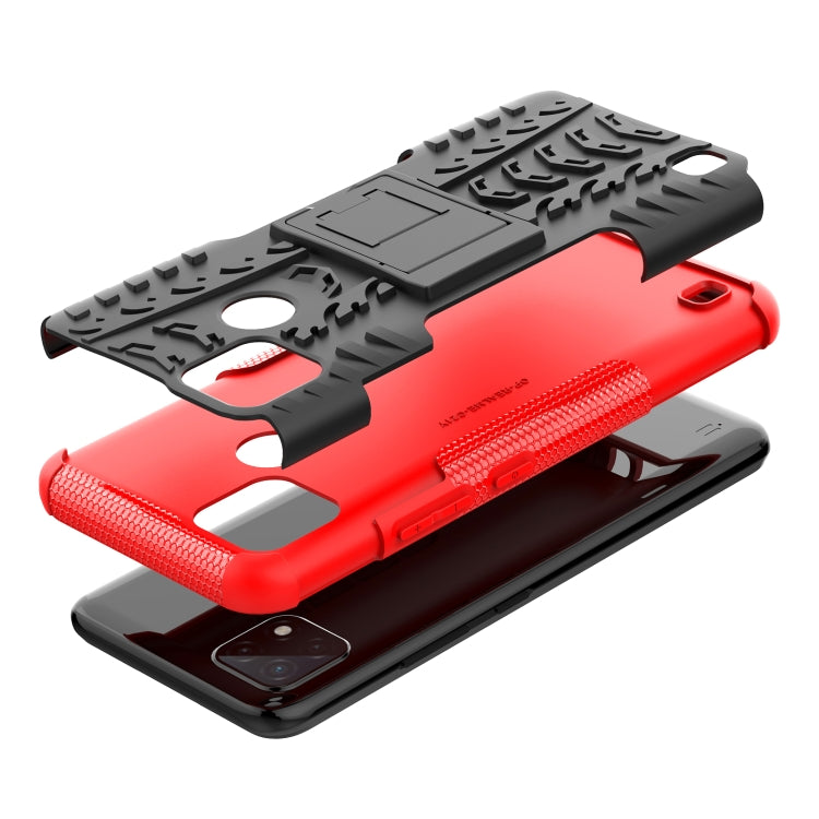 Red and black tire-texture TPU/PC phone case with dual-layer holder