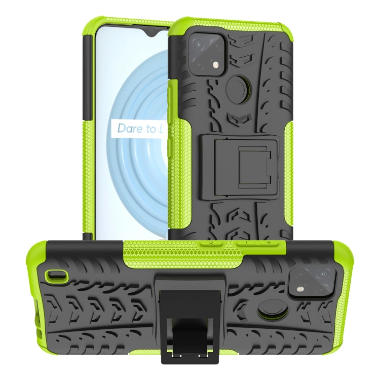 Green tire-texture TPU+PC phone case with built-in holder, raised edges, camera cover