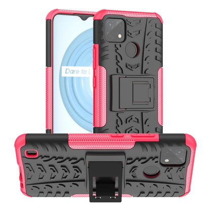 Pink/red tire-texture TPU+PC phone case with built-in holder, raised edges, camera cover