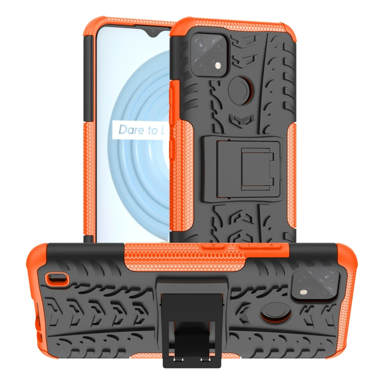 Orange tire-texture TPU+PC phone case with built-in holder, raised edges, camera cover