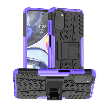 Purple tire-texture TPU+PC phone case with built-in holder, raised edges, camera protection