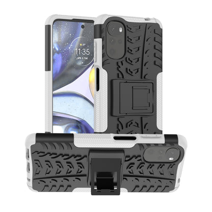 White tire-texture TPU+PC phone case with built-in holder, raised edges, camera protection