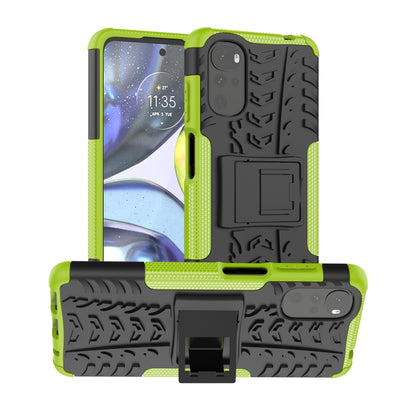 Lime green tire-texture TPU+PC phone case with built-in holder, raised edges, camera protection