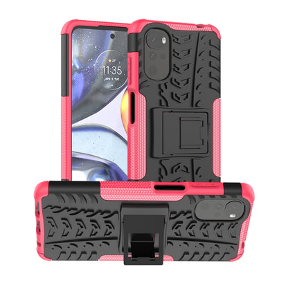 Red and black textured phone case with built-in holder and raised camera frame