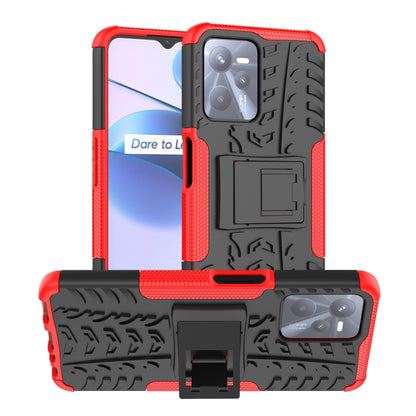 Red and black textured phone case with built-in holder and raised camera frame