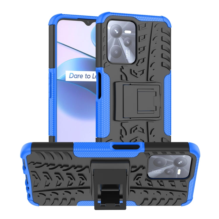 Blue and black textured phone case with built-in holder and raised camera frame