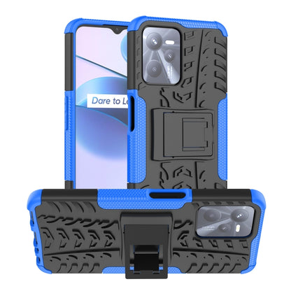 Blue and black textured phone case with built-in holder and raised camera frame