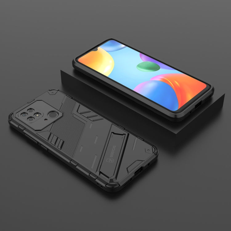 Black rugged phone case with built-in holder, shown from side and front