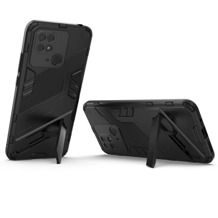 Black rugged phone case with flip-up holder kickstand on back