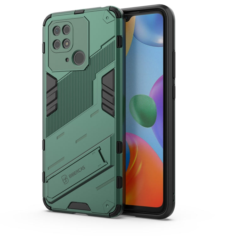 Green rugged phone case with reinforced corners and raised camera cutouts