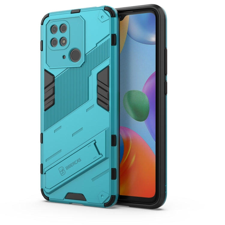 Light blue rugged phone case with reinforced corners and raised camera protection