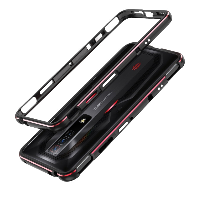 Aurora Series metal frame phone case, black with pink trim, open front screen cover