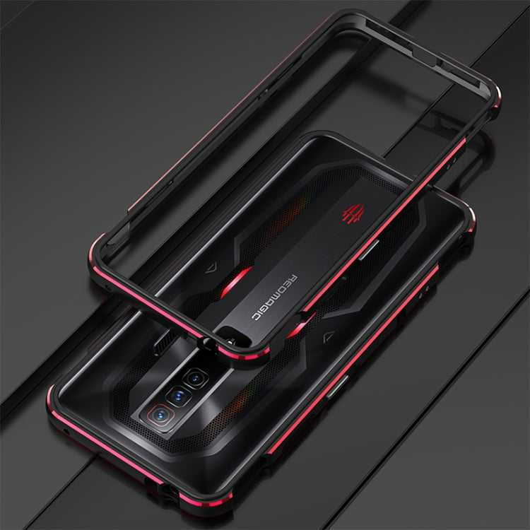 Aurora Series metal frame phone case, black with pink trim, camera cutouts and raised edges
