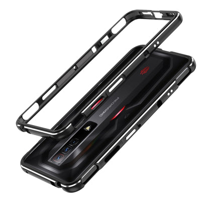 Aurora Series metal frame phone case, black with pink trim, slim metal bumper design