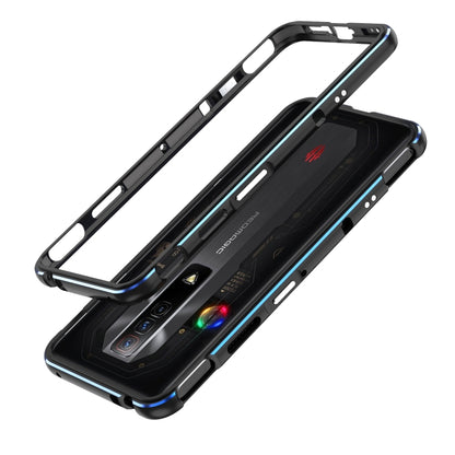 Aurora Series metal frame phone case, black with blue trim, glowing light accents