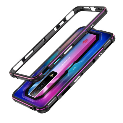 Aurora Series metal frame phone case, black with purple-pink trim, screen window visible
