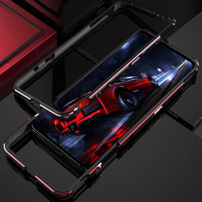 Aurora Series metal frame phone case, black with pink trim, back camera cutout and raised frame