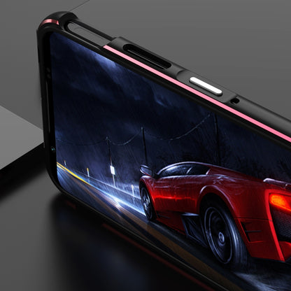 Metal frame phone case with red edge trim, slim bumper design, camera area visible