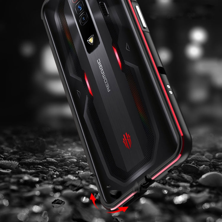 Metal frame phone case, black textured back with red trim and camera module openings