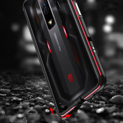 Metal frame phone case, black textured back with red trim and camera module openings
