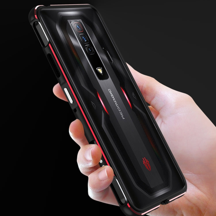 Metal frame phone case, black with red borders, view of camera lenses and side buttons