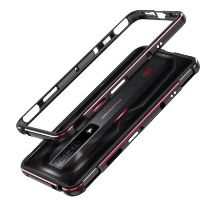 Aurora Series metal frame phone case, black with pink trim, front protector and side buttons