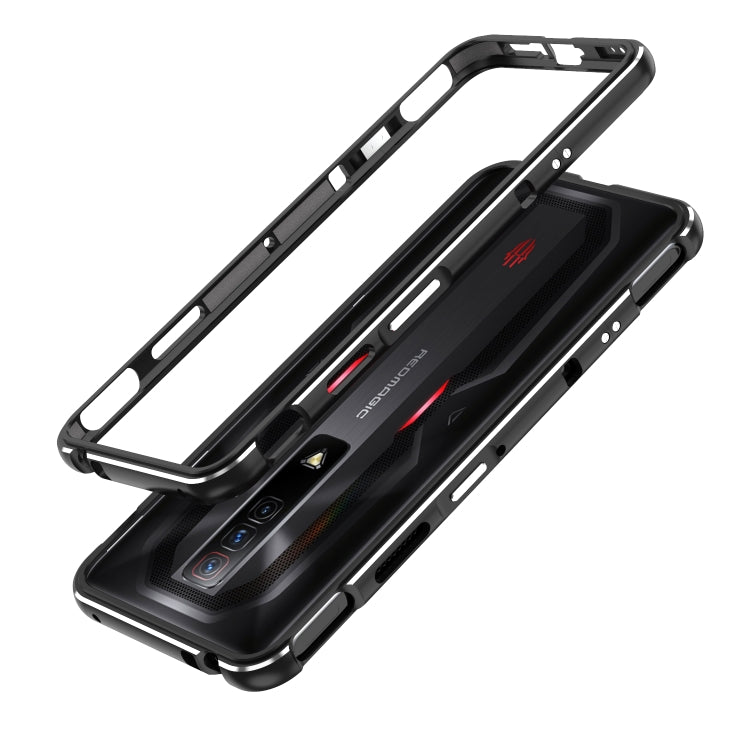 Aurora Series metal frame phone case, black with pink trim, open frame and camera slot