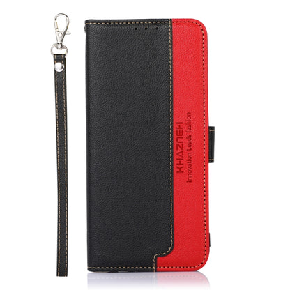 Leather RFID phone case with wrist strap, black and red, flip cover with stitching.