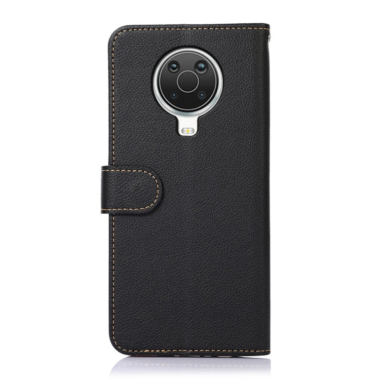 Black leather phone wallet case with camera cutout and stitched edges, card holder tab.